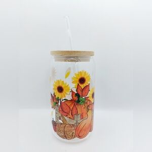 Fall Harvest Pumpkin and Sunflower 16oz Glass with Lid and Glass Straw